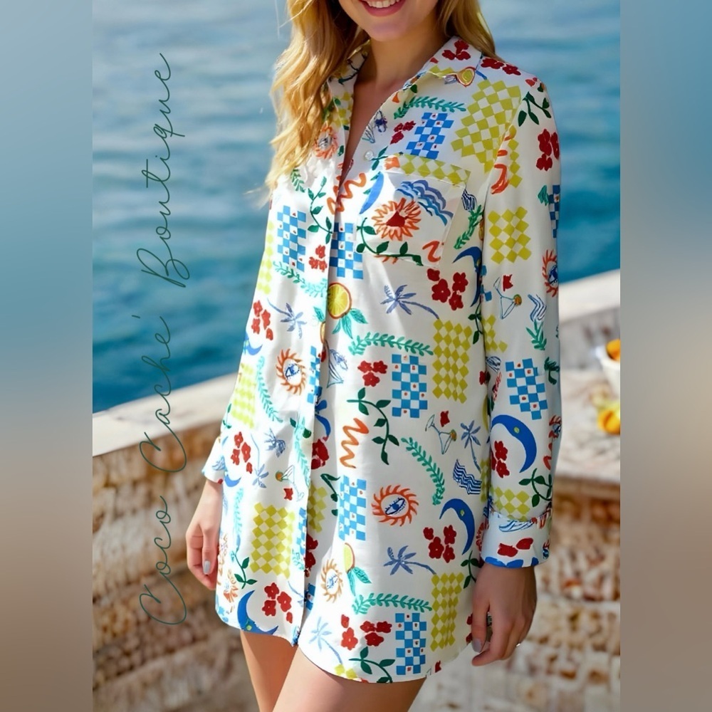 Throw It On Vibrant Tropical Print Shirt Dress Swimsuit Cover-Up